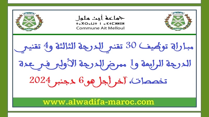 جماعة أيت ملول: مباراة توظيف 30 تقني الدرجة الثالثة و4 تقنيي الدرجة الرابعة و1 ممرض الدرجة الأولى في عدة تخصصات، آخر أجل هو 6 دجنبر 2024