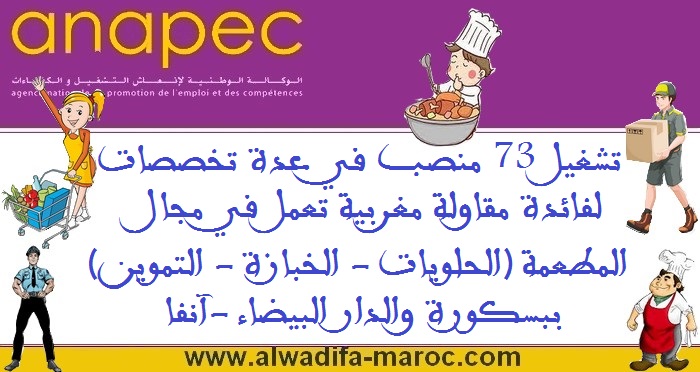 الانابيك: تشغيل 73 منصب في عدة تخصصات لفائدة مقاولة مغربية تعمل في مجال المطعمة (الحلويات - الخبازة - التموين) ببوسكورة وآنفا