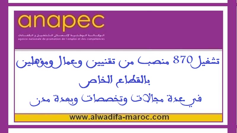 الوكالة الوطنية لإنعاش التشغيل والكفاءات: تشغيل 870 منصب من تقنيين وعمال ومؤهلين بالقطاع الخاص في عدة مجالات وتخصصات وبعدة مدن