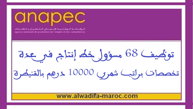 الوكالة الوطنية لإنعاش التشغيل والكفاءات: توظيف 68 مسؤول خط إنتاج في عدة تخصصات براتب شهري 10000 درهم بالقنيطرة