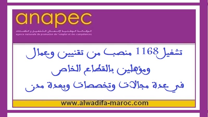 الوكالة الوطنية لإنعاش التشغيل والكفاءات: تشغيل 1168 منصب من تقنيين وعمال ومؤهلين بالقطاع الخاص في عدة مجالات وتخصصات وبعدة مدن	