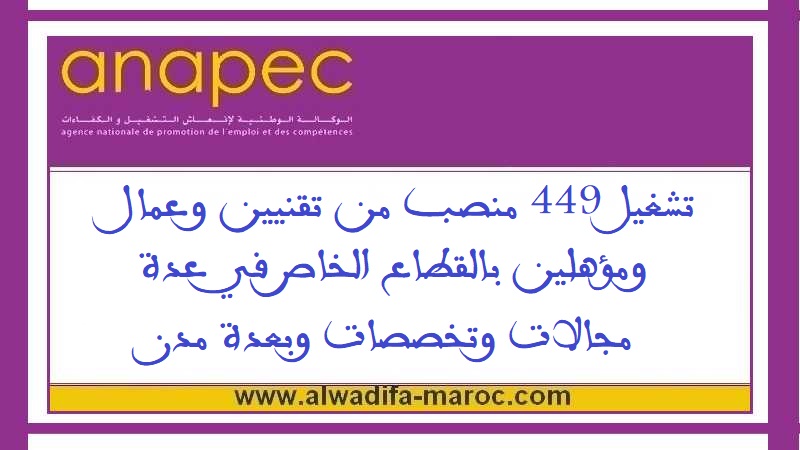 الوكالة الوطنية لإنعاش التشغيل والكفاءات: تشغيل 449 منصب من تقنيين وعمال ومؤهلين بالقطاع الخاص في عدة مجالات وتخصصات وبعدة مدن	