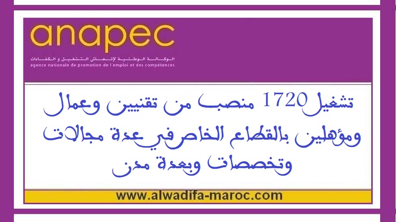 الوكالة الوطنية لإنعاش التشغيل والكفاءات: تشغيل 1720 منصب من تقنيين وعمال ومؤهلين بالقطاع الخاص في عدة مجالات وتخصصات وبعدة مدن	