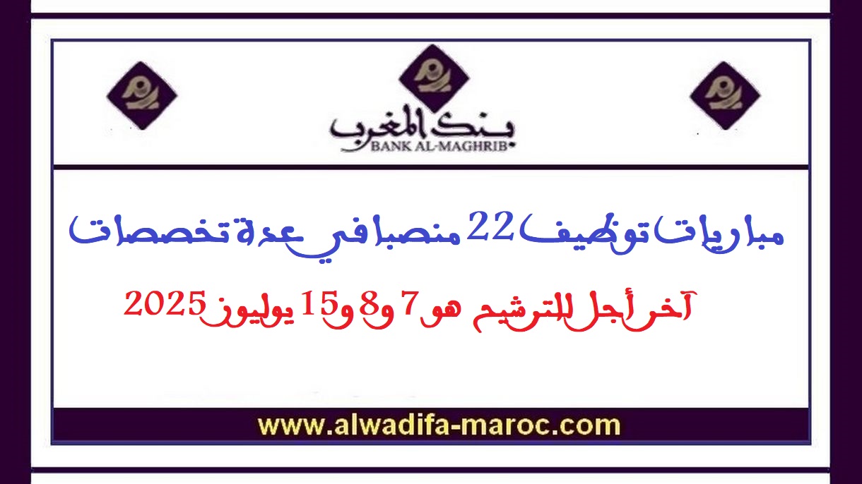 بنك المغرب: مباريات توظيف 22 منصبا في عدة تخصصات. آخر أجل للترشيح هو 7 و8 و15 يوليوز 2025