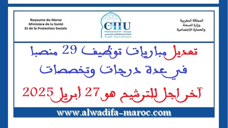 المركز الإستشفائي الجامعي محمد السادس - طنجة: تعديل مباريات توظيف 29 منصبا في عدة درجات وتخصصات. آخر اجل للترشيح هو 27 أبريل 2025