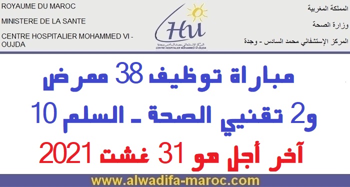 المركز الإستشفائي الجامعي محمد السادس - وجدة: مباراة توظيف 38 ممرض و2 تقنيي الصحة - السلم 10. آخر اجل هو 31 غشت 2021