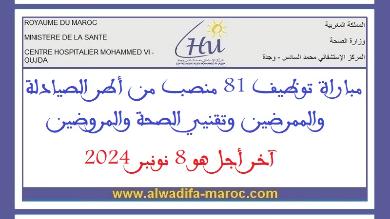 المركز الإستشفائي الجامعي محمد السادس - وجدة: مباراة توظيف 81 منصب من أطر الصيادلة والممرضين وتقنيي الصحة والمروضين. آخر أجل هو 8 نونبر 2024