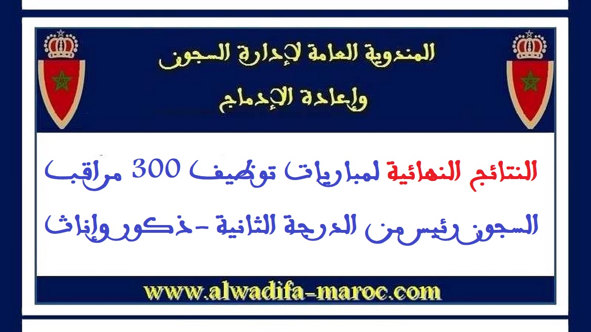 المندوبية العامة لإدارة السجون وإعادة الإدماج: النتائج النهائية لمباريات توظيف 300 مراقب السجون رئيس من الدرجة الثانية -ذكور وإناث
