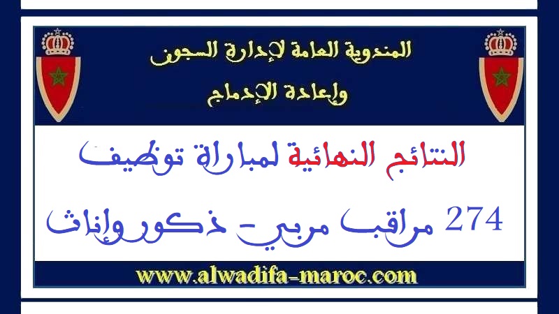 المندوبية العامة لإدارة السجون وإعادة الإدماج: النتائج النهائية لمباراة توظيف 274 مراقب مربي - ذكور وإناث