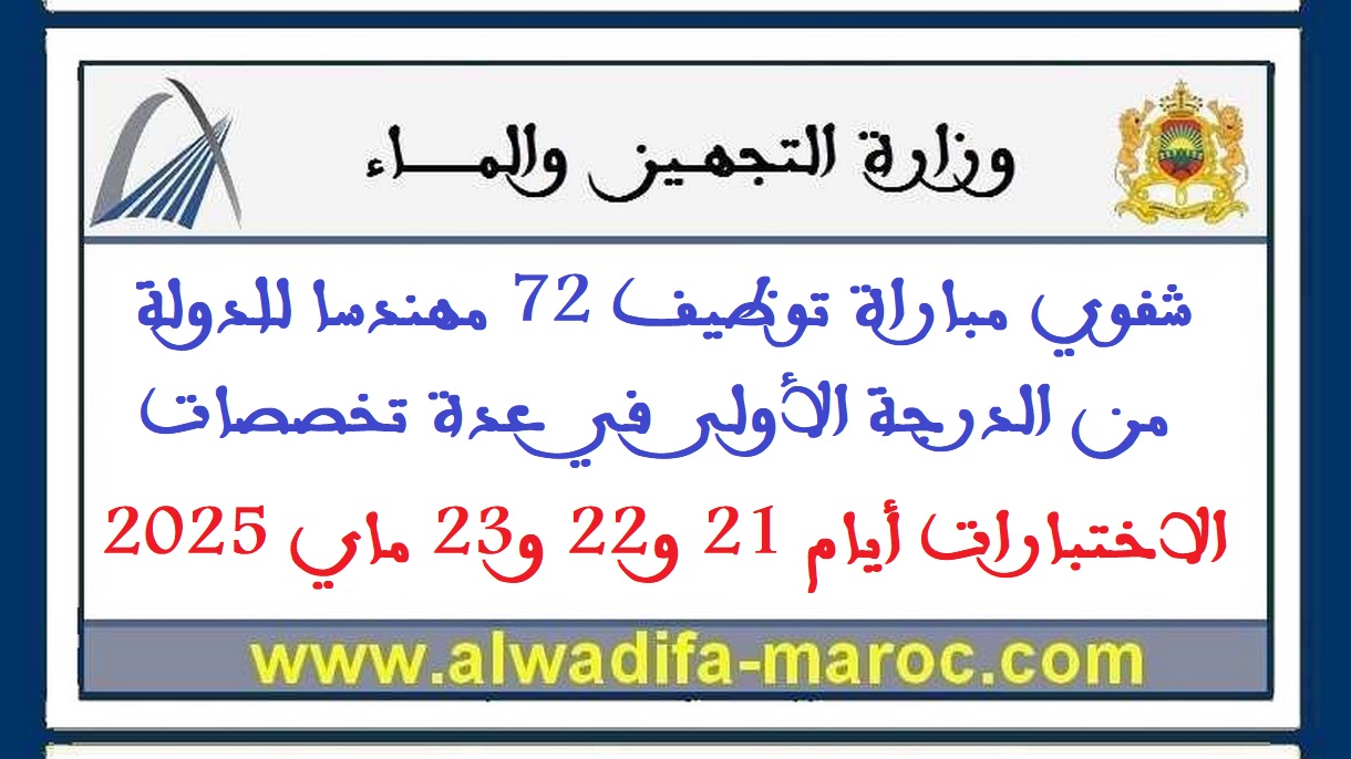 وزارة التجهيز والماء: شفوي مباراة توظيف 72 مهندسا للدولة من الدرجة الأولى في عدة تخصصات