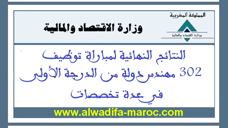 وزارة الاقتصاد والمالية: النتائج النهائية لمباراة توظيف 302 مهندس دولة من الدرجة الأولى في عدة تخصصات	