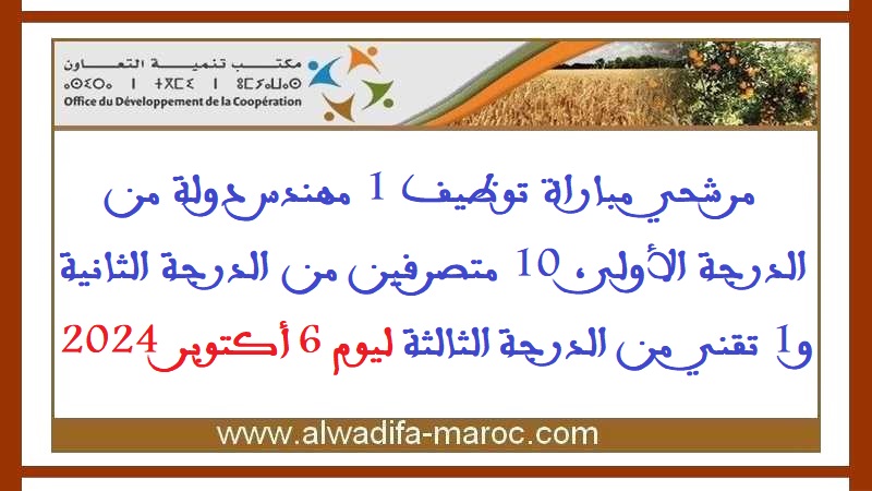 مكتب تنمية التعاون: مرشحي مباراة توظيف 1 مهندس دولة من الدرجة الأولى، 10 متصرفين من الدرجة الثانية و1 تقني من الدرجة الثالثة. ليوم 6 أكتوبر 2024