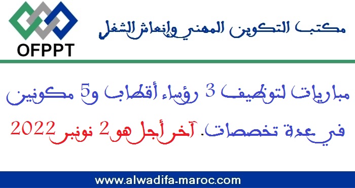 مكتب التكوين المهني وإنعاش الشغل: مباريات لتوظيف 3 رؤساء أقطاب و5 مكونين في عدة تخصصات. آخر أجل هو 2 نونبر 2022