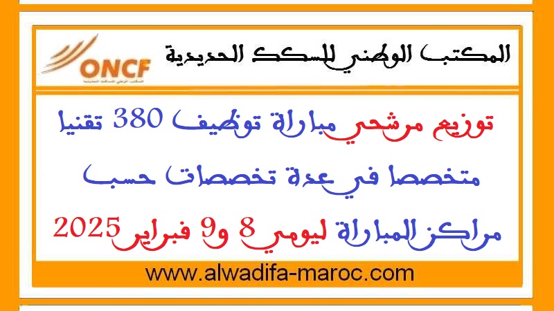 المكتب الوطني للسكك الحديدية: توزيع مرشحي مباراة توظيف 380 تقنيا متخصصا في عدة تخصصات حسب مراكز المباراة ليومي 8 و9 فبراير 2025