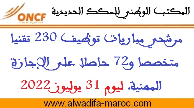 المكتب الوطني للسكك الحديدية: مرشحي مباريات توظيف 230 تقنيا متخصصا و72 حاصلا على الإجازة المهنية و5 ممرضين. ليوم 31 يوليوز 2022