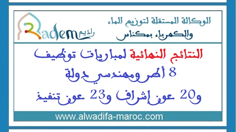 الوكالة المستقلة لتوزيع الماء والكهرباء بمكناس: النتائج النهائية لمباريات توظيف 8 أطر ومهندسي دولة و20 عون إشراف و23 عون تنفيذ