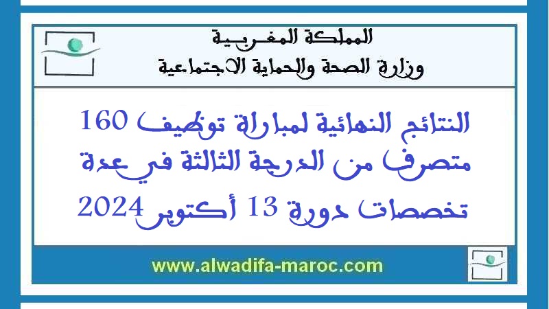 وزارة الصحة والحماية الاجتماعية: النتائج النهائية لمباراة توظيف 160 متصرف من الدرجة الثالثة في عدة تخصصات دورة 13 أكتوبر 2024