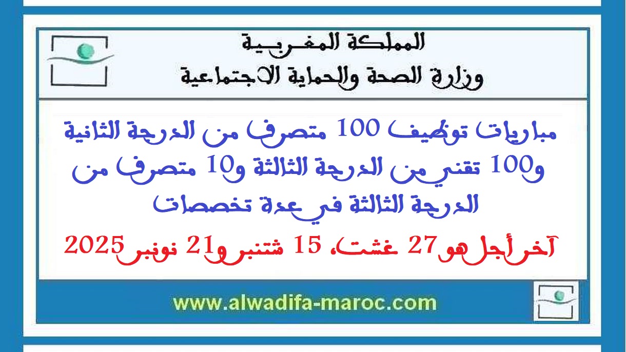وزارة الصحة: مباريات توظيف 100 متصرف الدرجة الثانية و100 تقني الدرجة الثالثة و10 متصرفي الدرجة الثالثة. آخر أجل هو 27 غشت، 15 شتنبر و21 نونبر 2025