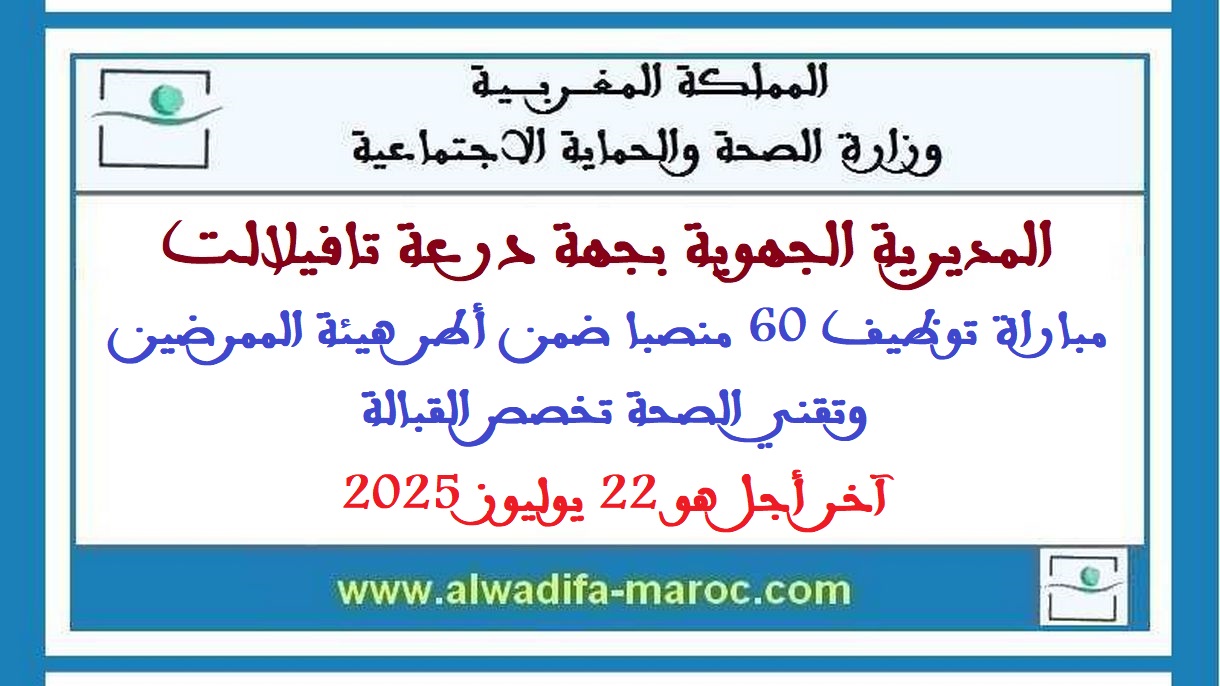 المديرية الجهوية للصحة بجهة درعة - تافيلالت: مباراة توظيف 60 منصبا ضمن أطر هيئة الممرضين وتقني الصحة تخصص القبالة. آخر أجل هو 22 يوليوز 2025