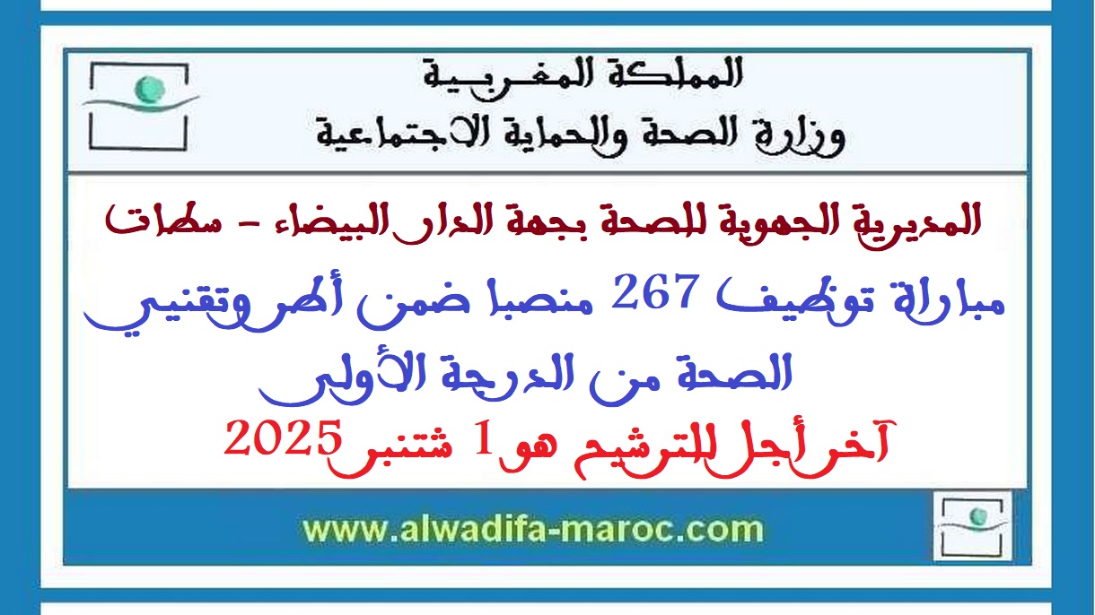 المديرية الجهوية للصحة الدار البيضاء - سطات: مباراة توظيف 267 منصبا ضمن أطر وتقنيي الصحة من الدرجة الأولى. آخر أجل للترشيح هو 1 شتنبر 2025