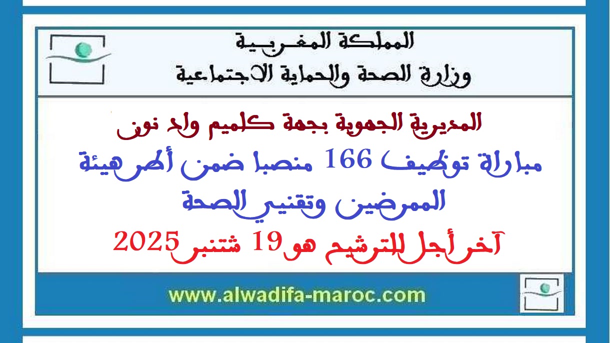 المديرية الجهوية للصحة بجهة كلميم واد نون: مباراة توظيف 166 منصبا ضمن أطر هيئة الممرضين وتقنيي الصحة. آخر أجل للترشيح هو 19 شتنبر 2025