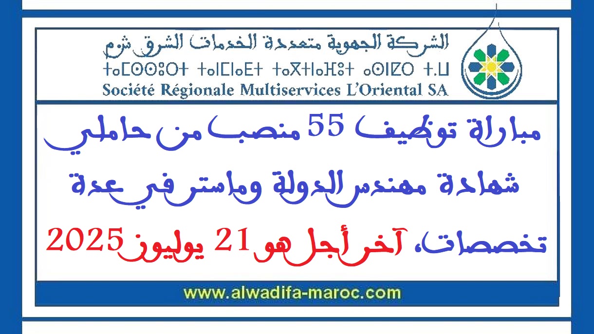 الشركة الجهوية متعددة الخدمات الشرق: مباراة توظيف 55 منصب من حاملي شهادة مهندس الدولة وماستر في عدة تخصصات، آخر أجل هو 21 يوليوز 2025